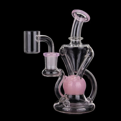 Close-up, three-quarter view of the Smoke Cartel Color Tube Recycler Dab Rig - 5.2 in. showing clear glass with pink accents against a black background