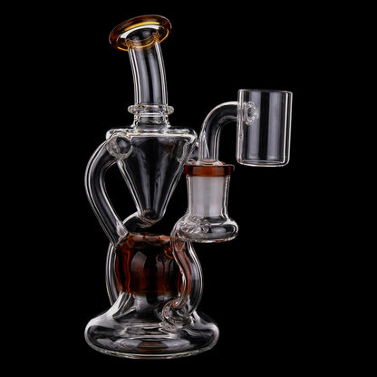 Three-quarter view of the Smoke Cartel Color Tube Recycler Dab Rig - 5.2 in. showing clear glass chambers with smoke-colored accents against a black background