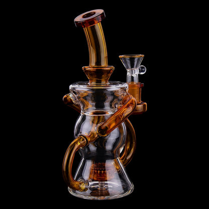 Angled close-up of the Smoke Cartel Color Perc & Tube Recycler Bong - 7 in. showing amber-tinted glass loops and a funnel bowl against a black background