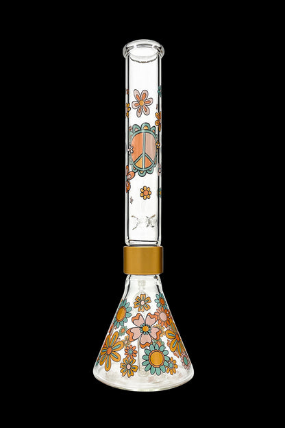 Glass bong decorated with colorful floral and peace sign designs.