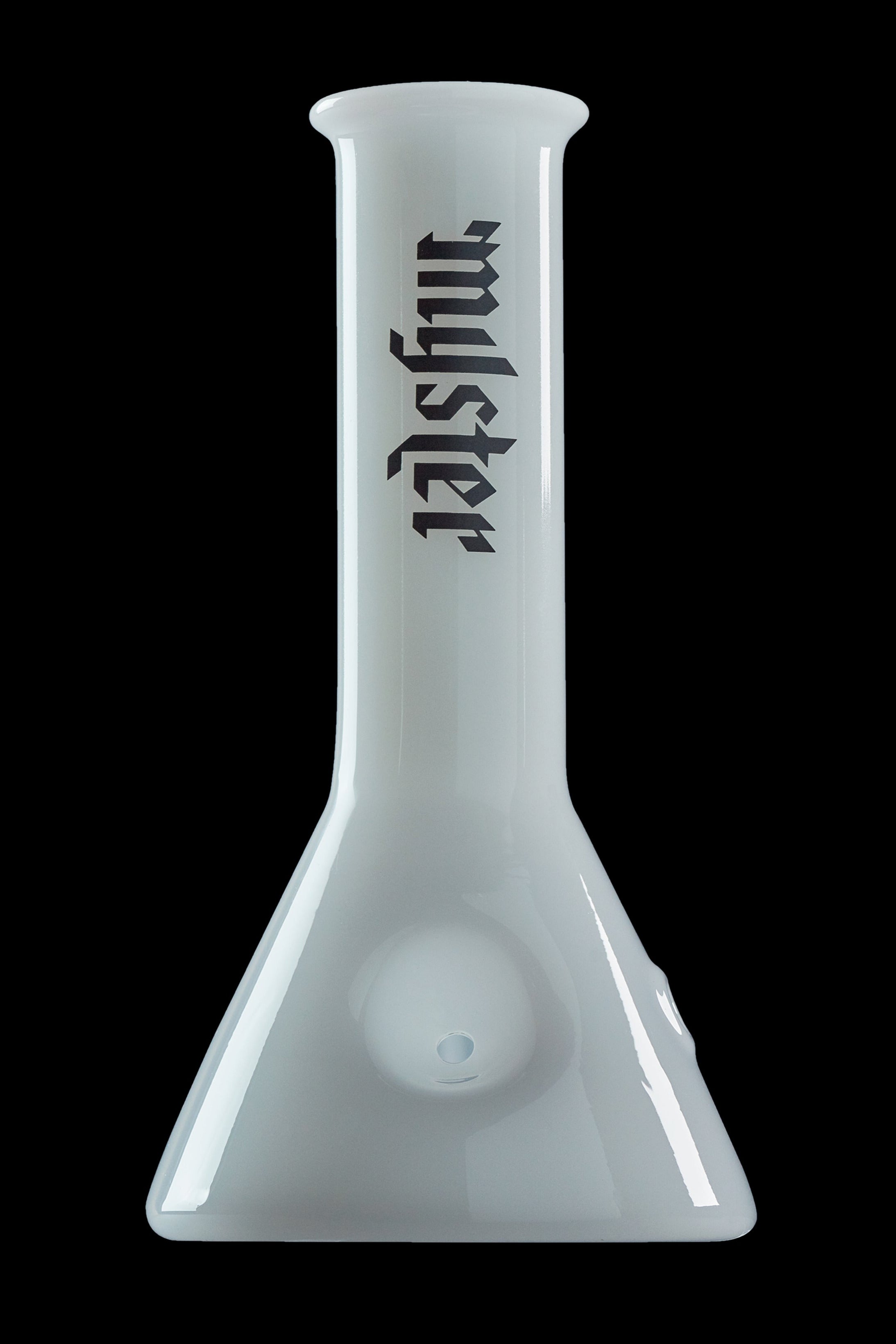 Frosted glass beaker with “mystery” text vertically down the neck.