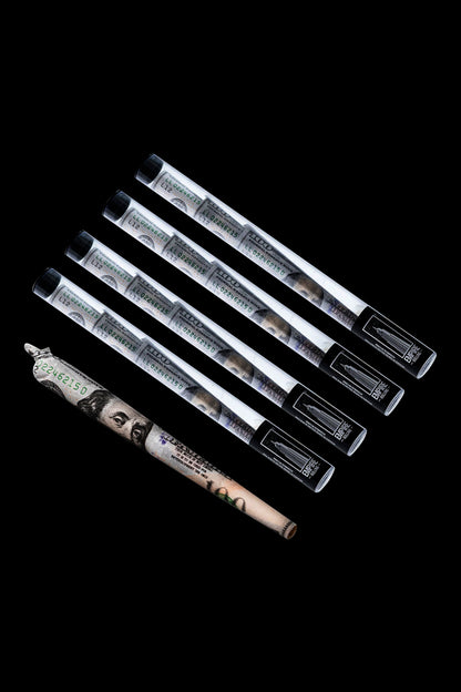 Cannabis pre-rolls wrapped in US currency against a black background.