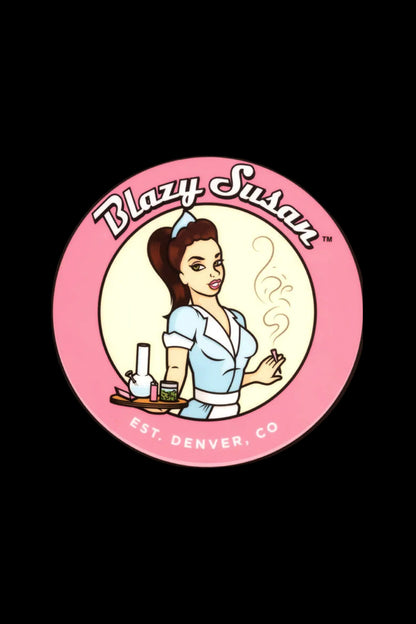 Retro-style logo for “Blazy Susan” featuring a stylized diner waitress holding a glass pipe, with the text "Est. Denver, CO" at the bottom.