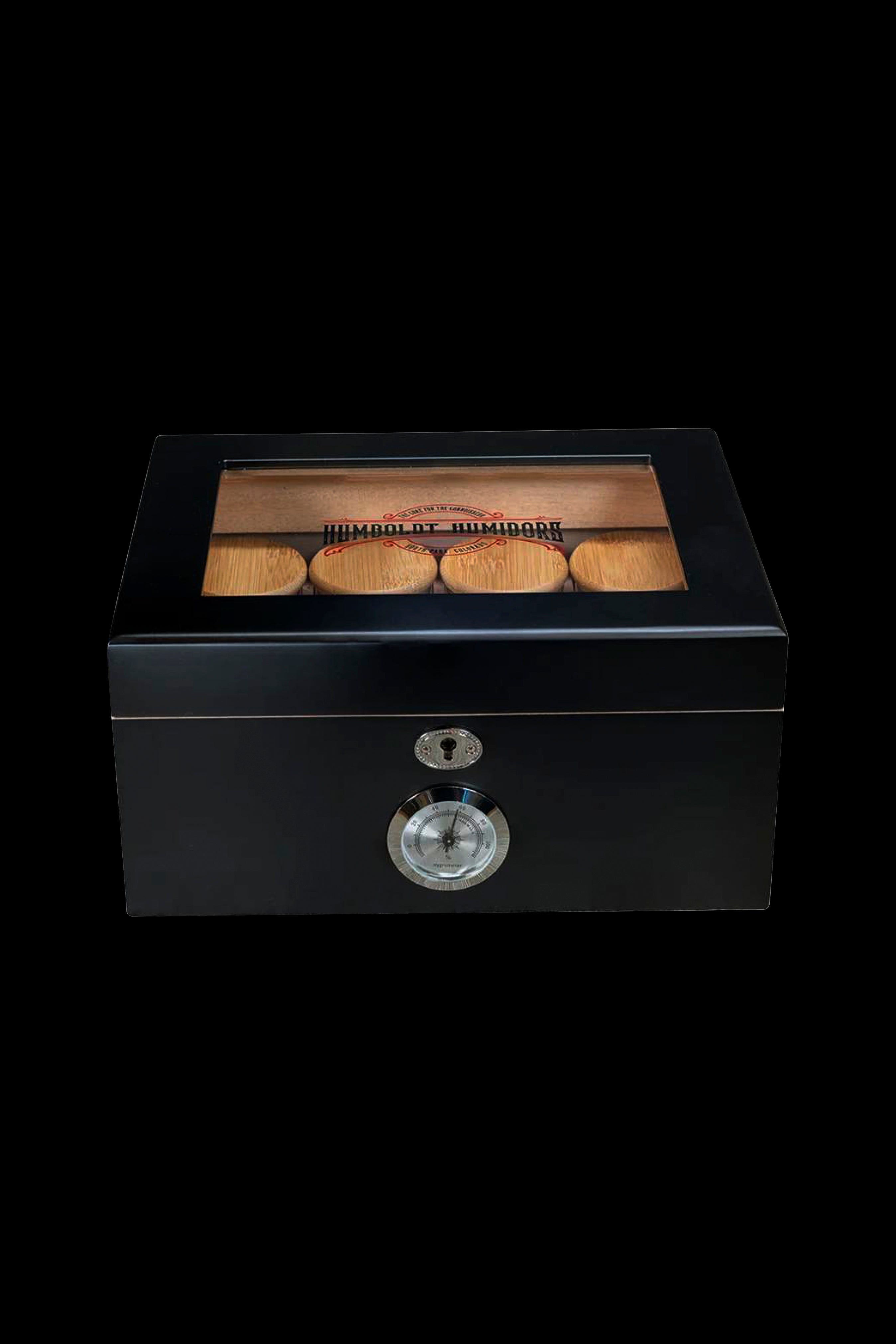 Black wooden humidor with a glass top displaying cannabis buds inside.
