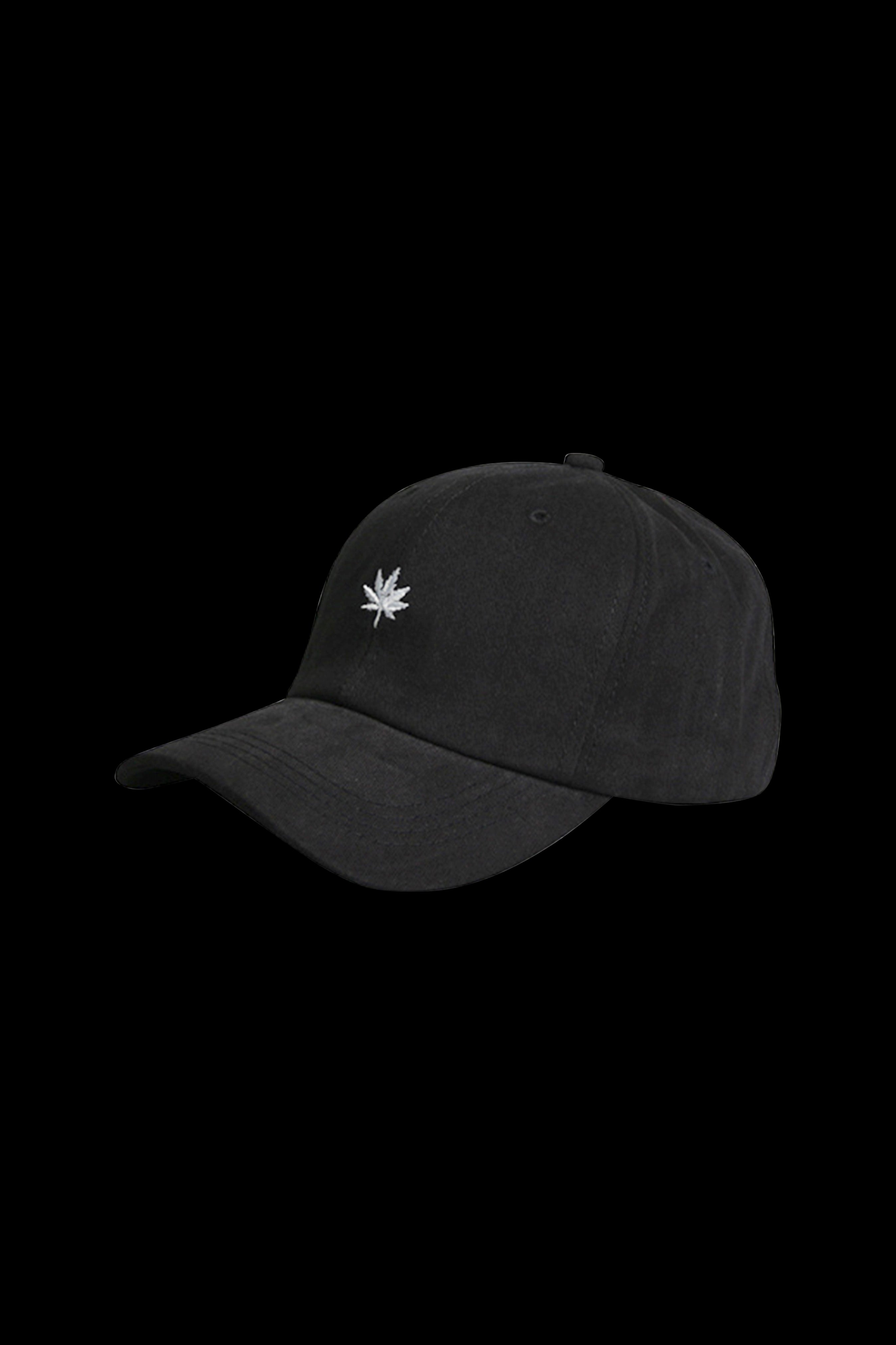 Black baseball cap with a white cannabis leaf embroidered on the front.