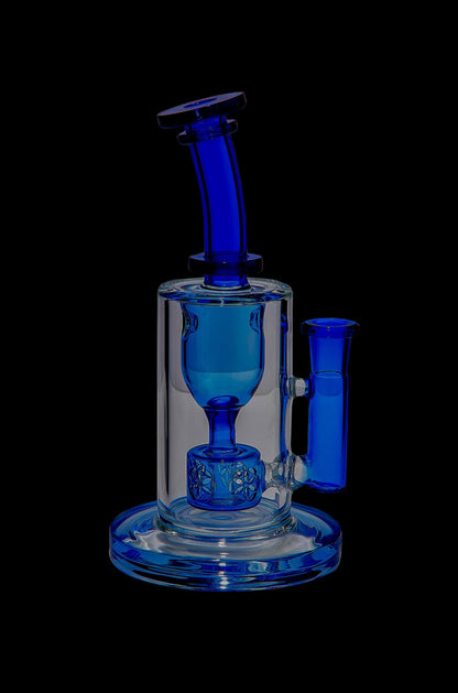Blue glass water pipe, also known as a bubbler or rig, against a black background.