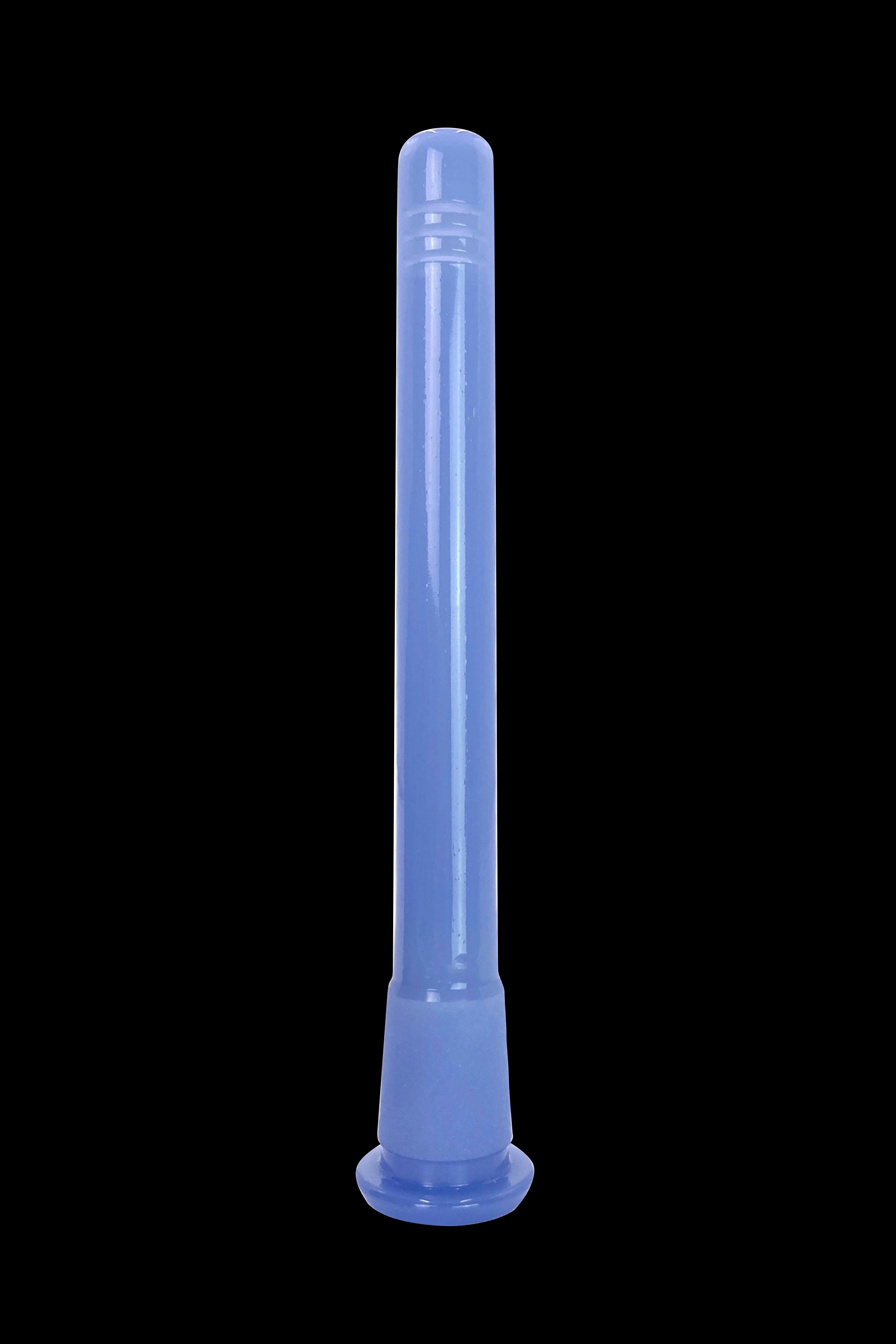 Blue glass cannabis bong against a black background.