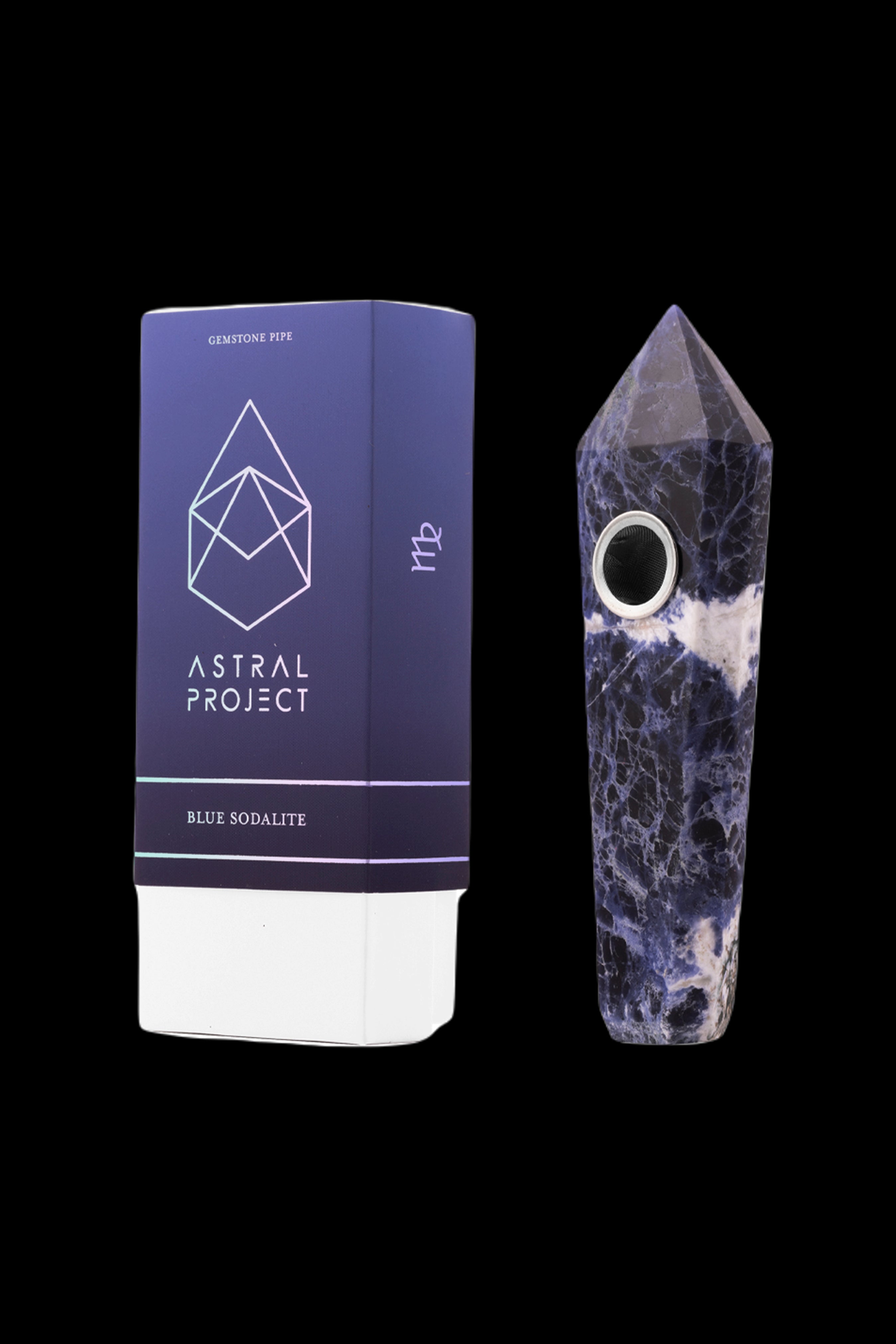 Blue sodalite gemstone pipe and packaging from Astral Project, displayed on a black background.