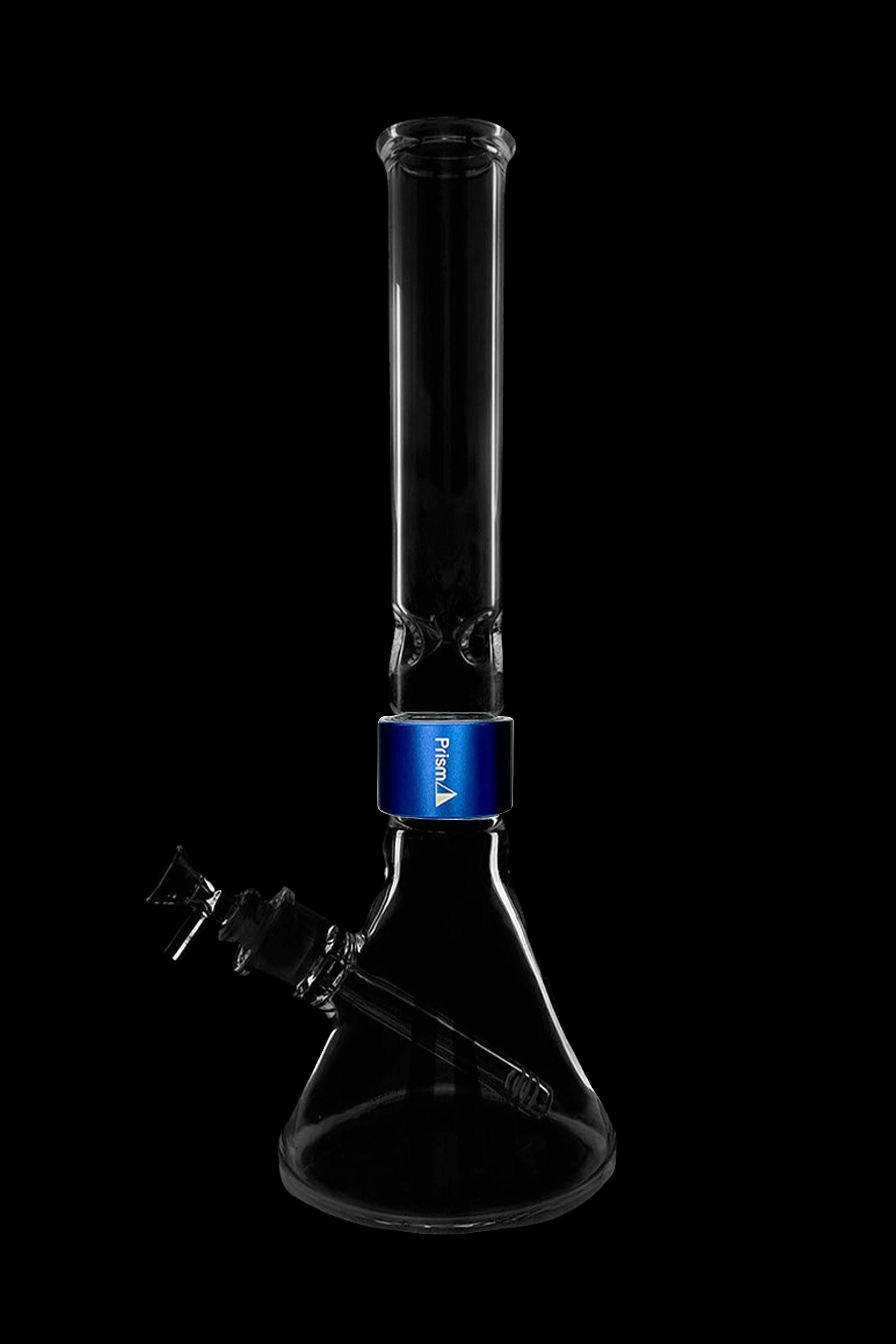 Clear glass bong with blue accent and ice pinch, isolated on black.