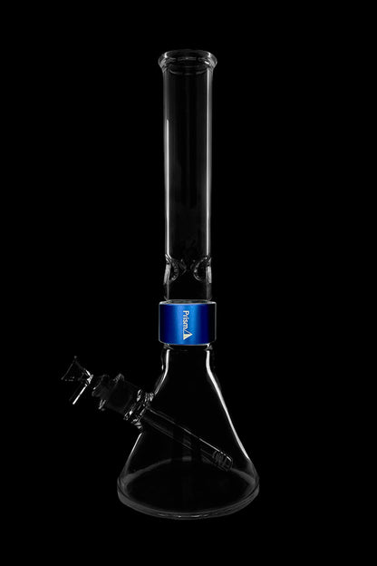 Clear glass bong with blue accent and ice pinch, isolated on black.