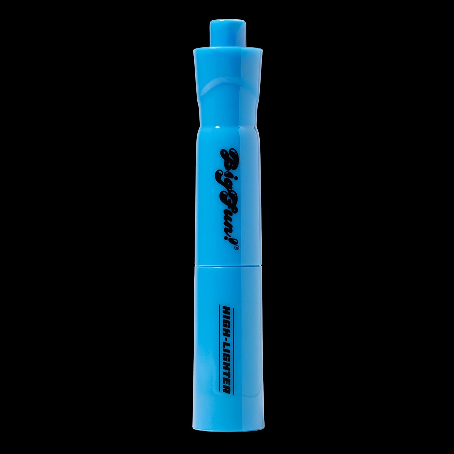 Centered vertical close-up of a bright blue BIGFUN! High-Lighter Vaporizer against a black background, showing its logo.