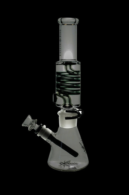 Clear glass water pipe (bong) with intricate design and visible smoking apparatus.