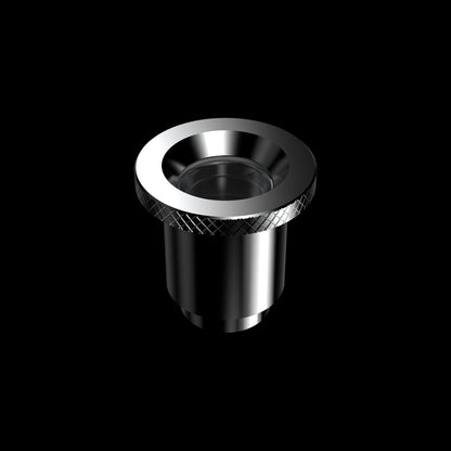 Top-down close-up of the polished metal mouthpiece of the Dr. Dabber Boost Evo™ against a black background.