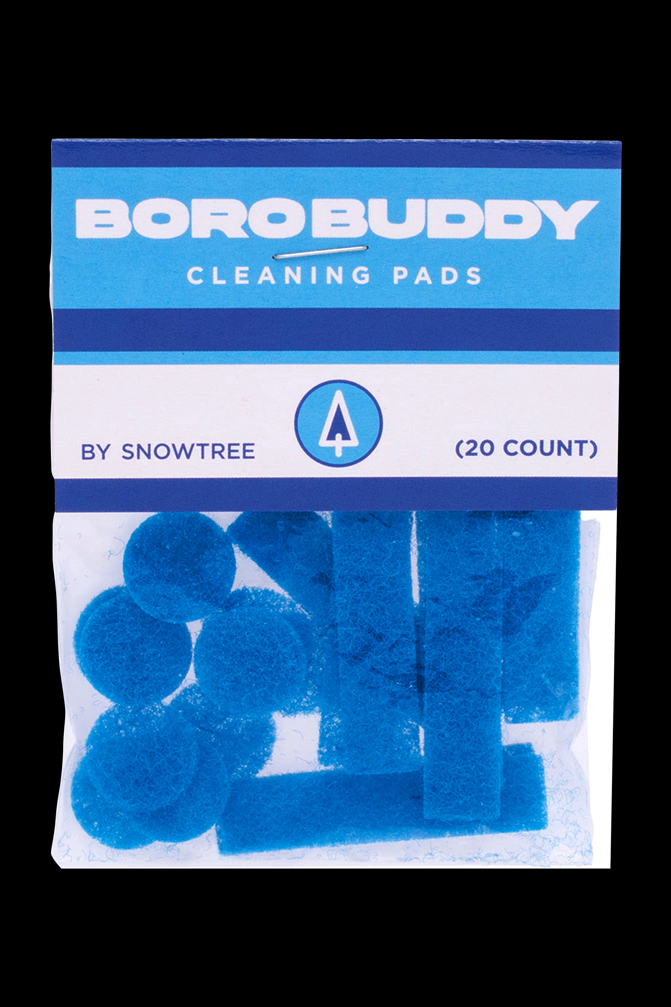 Package of Borobuddy cleaning pads for cannabis accessories, containing 20 blue pads.