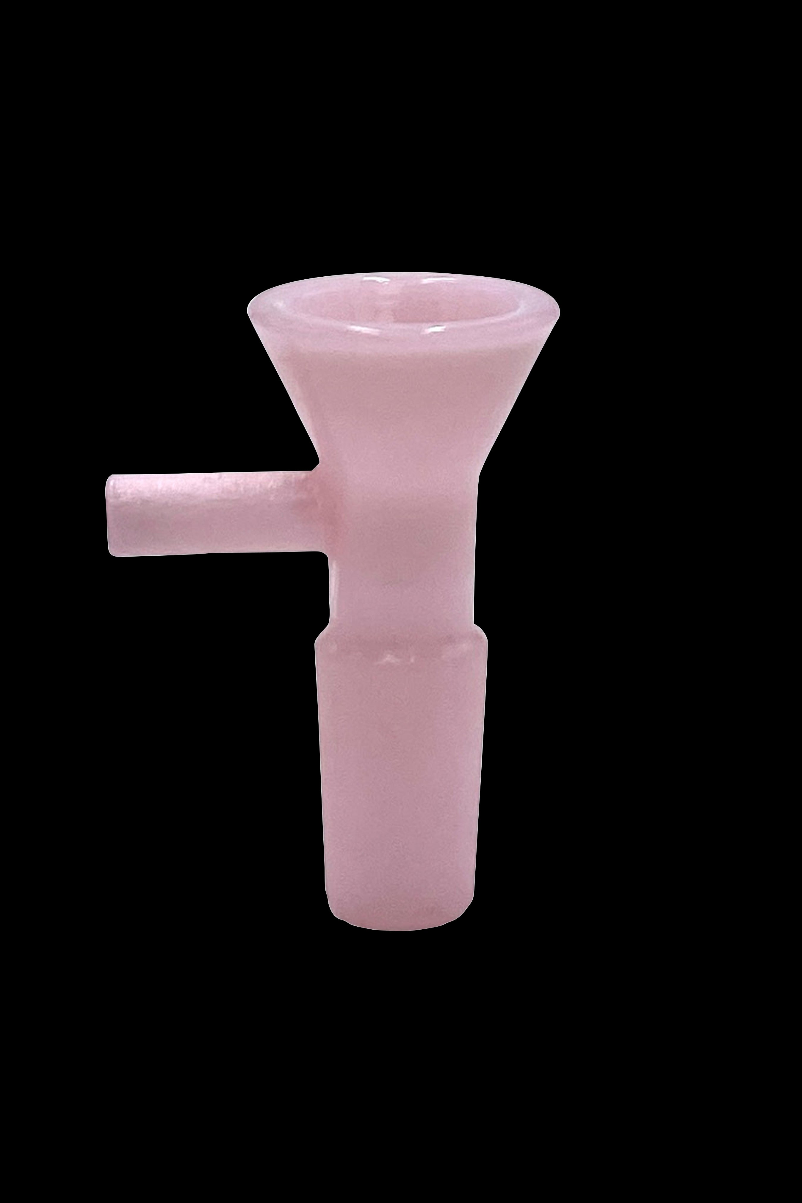 Pale pink glass bowl with side carb for a water pipe.
