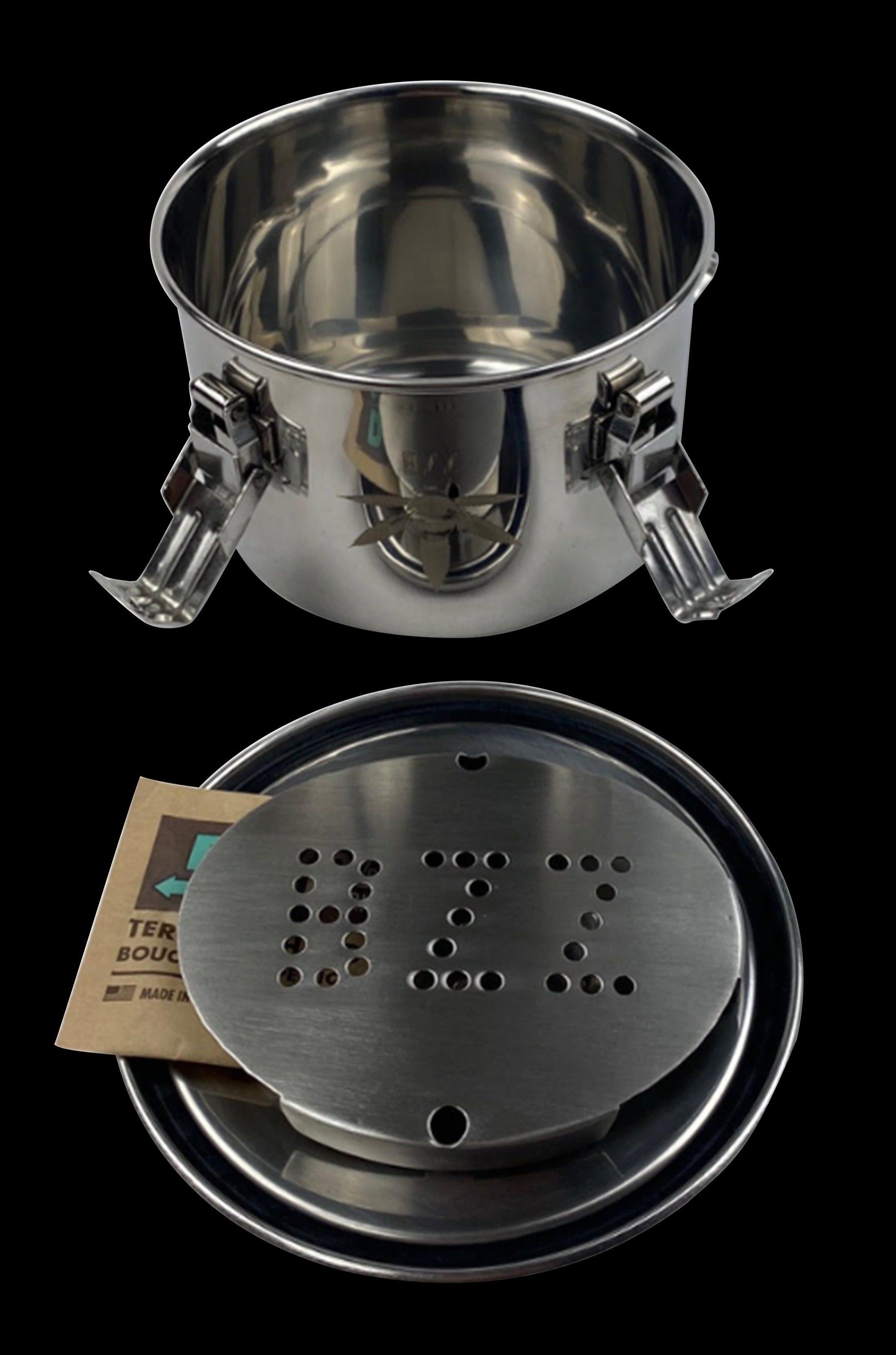 Stainless steel hash or rosin press collection plate and bucket with a perforated filter plate.