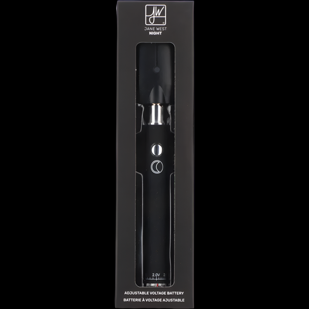 Black Jane West Night adjustable voltage battery for cannabis vape pens, displayed in its packaging.