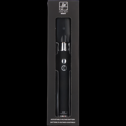 Black Jane West Night adjustable voltage battery for cannabis vape pens, displayed in its packaging.