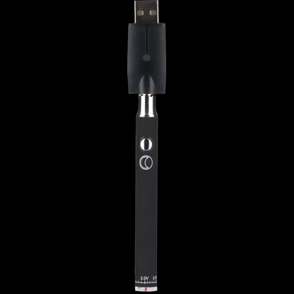 Black cannabis vape pen with voltage settings.