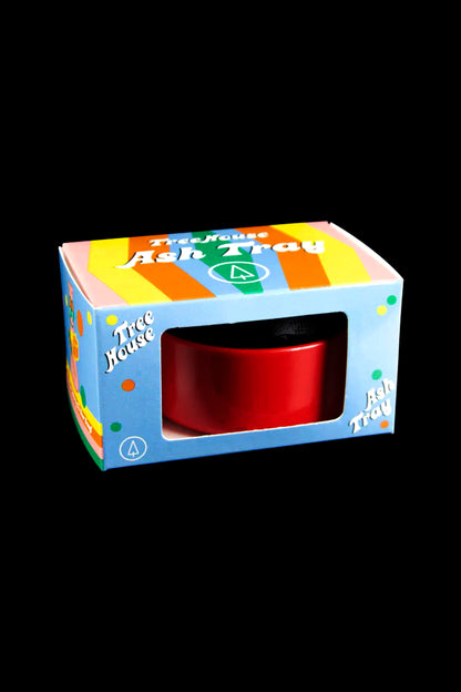 Colorful branded packaging for a red cannabis ashtray.