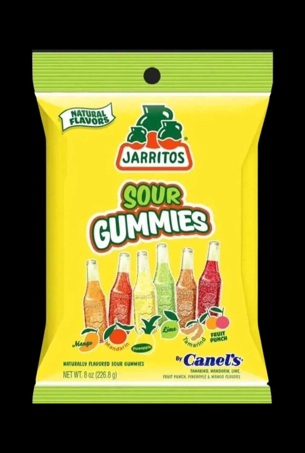 A close-up of Jarritos Bottle Sour Gummies in a clear plastic bag with vibrant fruit flavors displayed on the packaging.