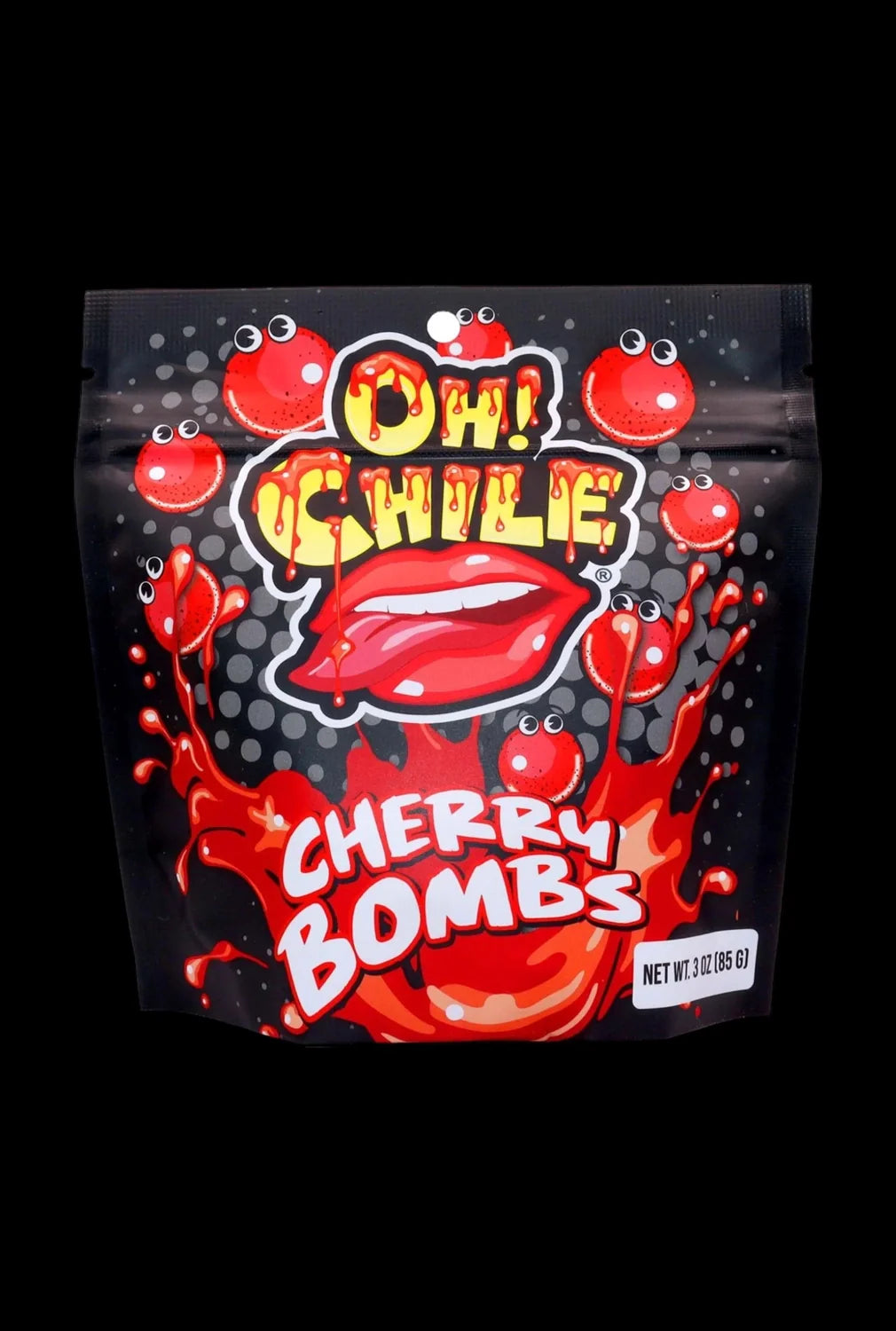 Front view of the Oh! Chile Cherry Bombs package with vibrant text and graphics on a neutral background.