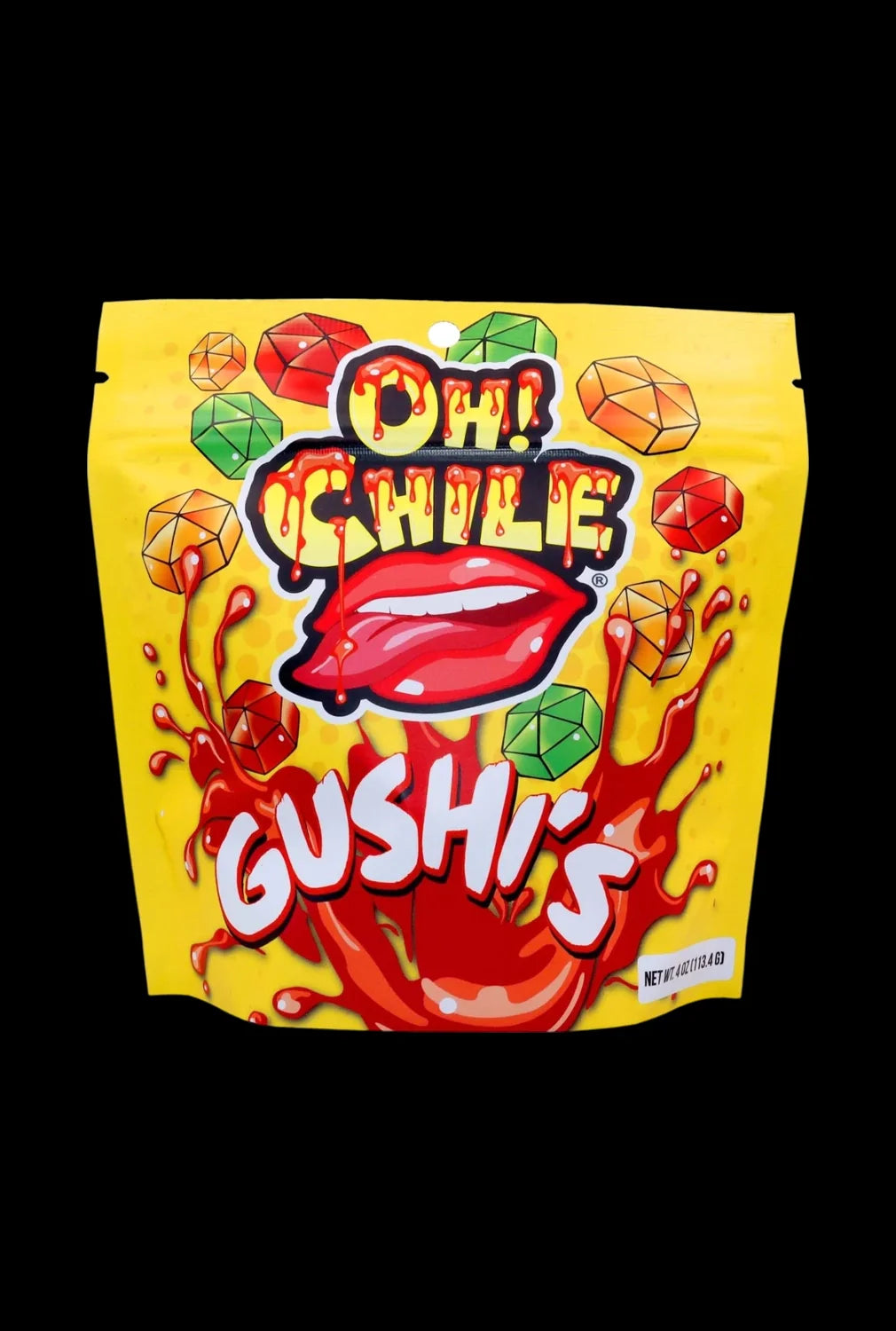 A close-up of the Oh! Chile Gushi's 4 oz. packaging, with a bright, bold design on a clear plastic bag.