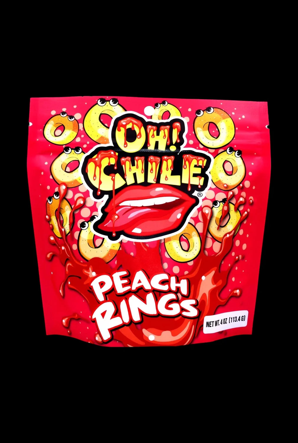Front view of Oh! Chile Peach Rings in a colorful bag, showcasing a playful, vibrant design.