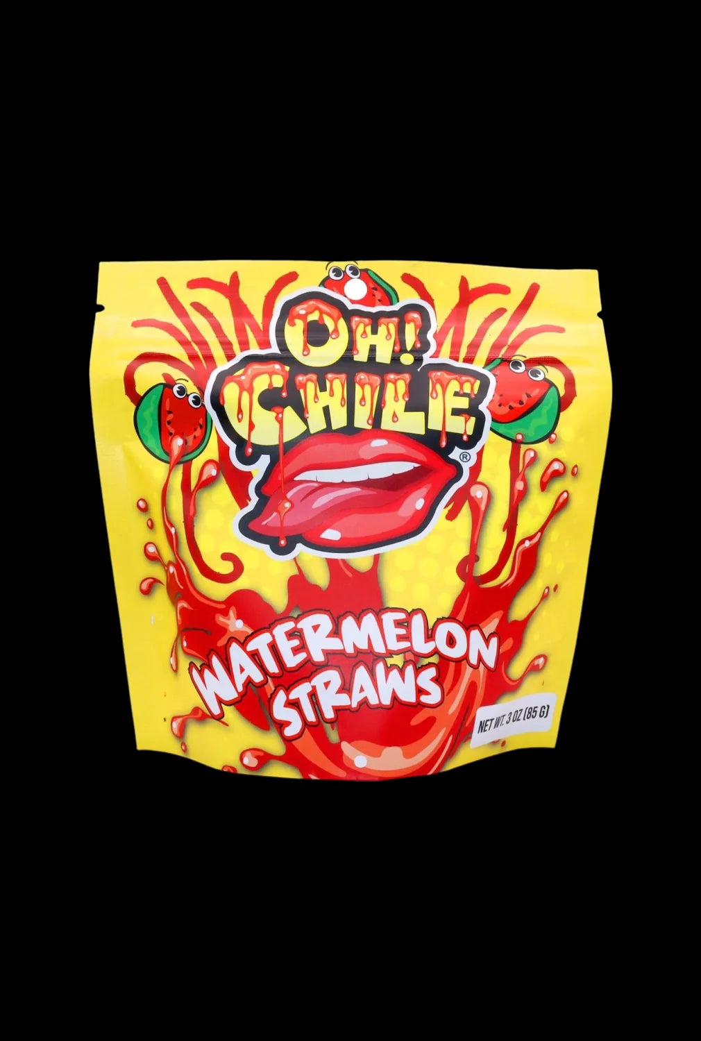 A vibrant close-up of Oh! Chile Watermelon Straws packaging, featuring bold lettering and a colorful design.