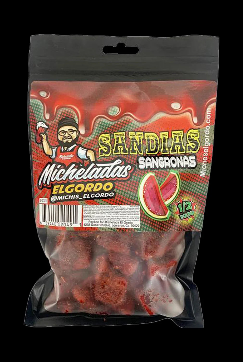Front view of Micheladas El Gordo Sandias Sagronas packaging, a colorful, branded bag with text and graphics.