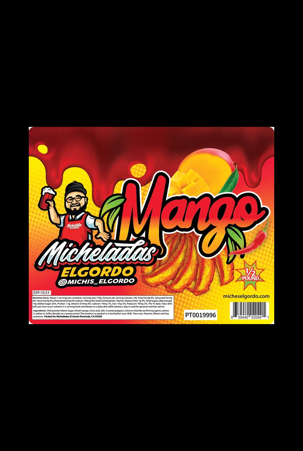 A vibrant label for Micheladas El Gordo Spicy Mango Fruit displays bold lettering and a stylized mango illustration against a bright yellow background.