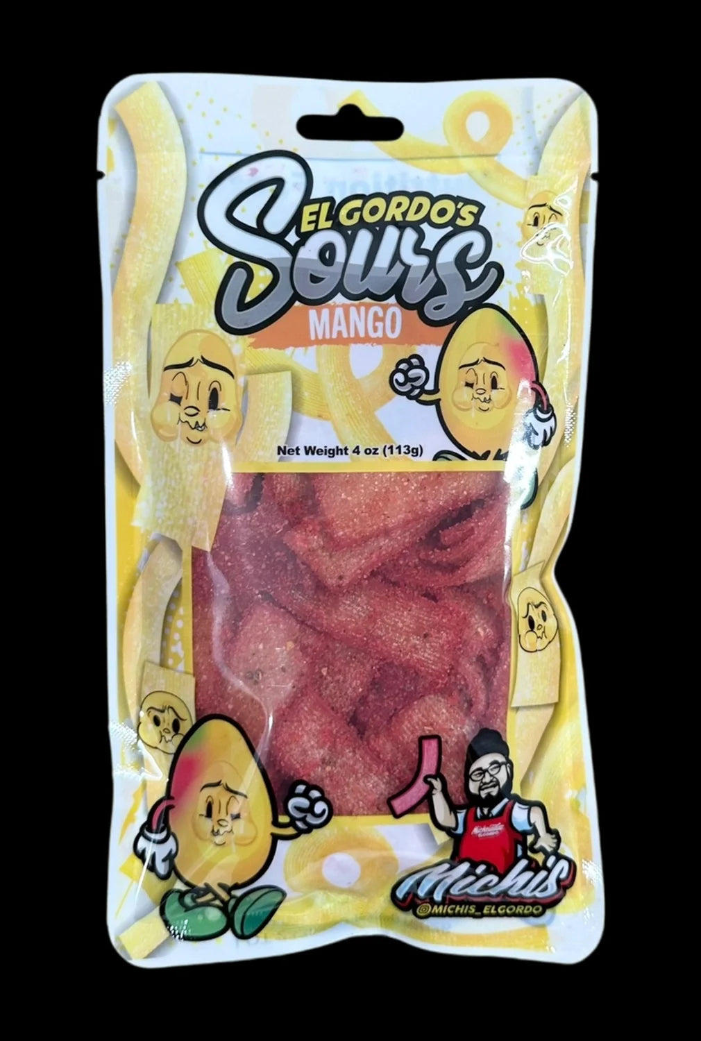 Front view of the El Gordo Mango Chamoy Sours packaging, featuring vibrant graphics on a clear plastic bag.