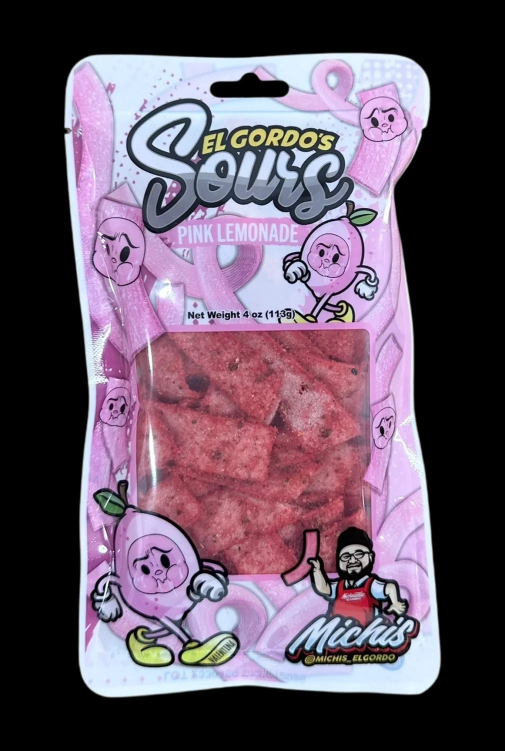 Front view of El Gordo Pink Lemonade Chamoy Sours in a clear plastic bag with colorful lettering.