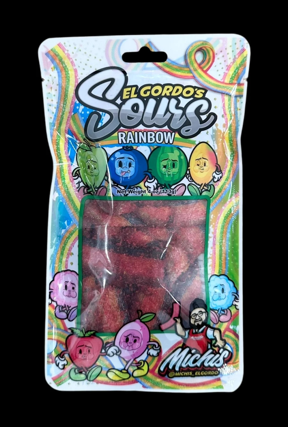 Front view of the El Gordo Rainbow Chamoy Sours packaging, a colorful bag with bold lettering and a glossy finish.
