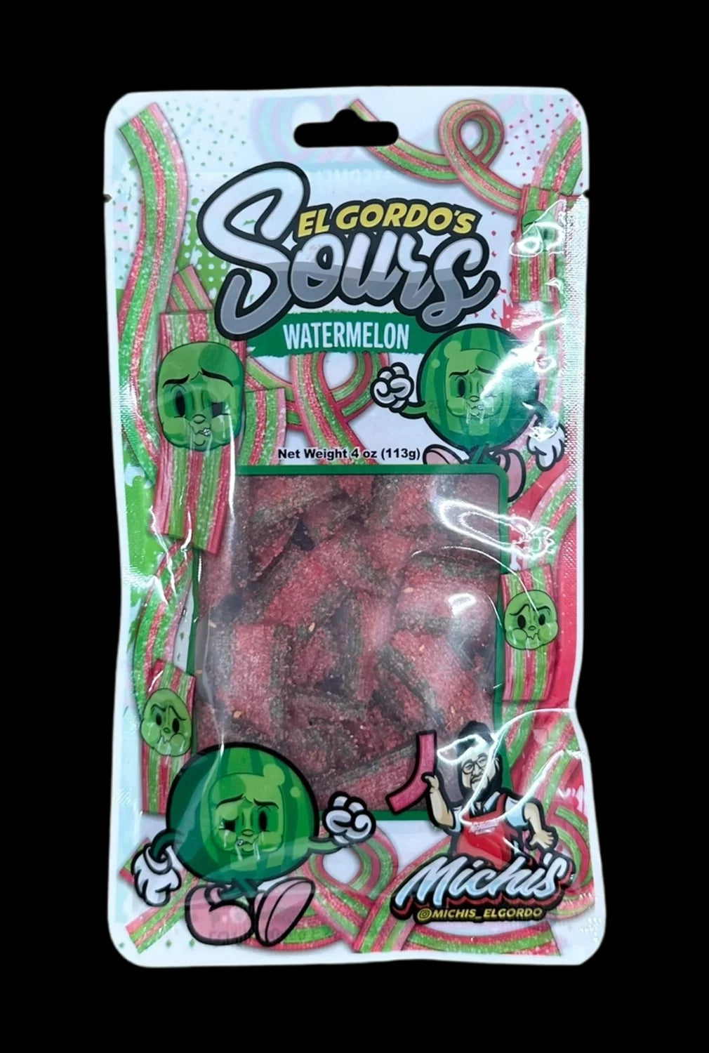 Front view of the El Gordo Watermelon Chamoy Sours package, displaying a colorful, illustrative design.