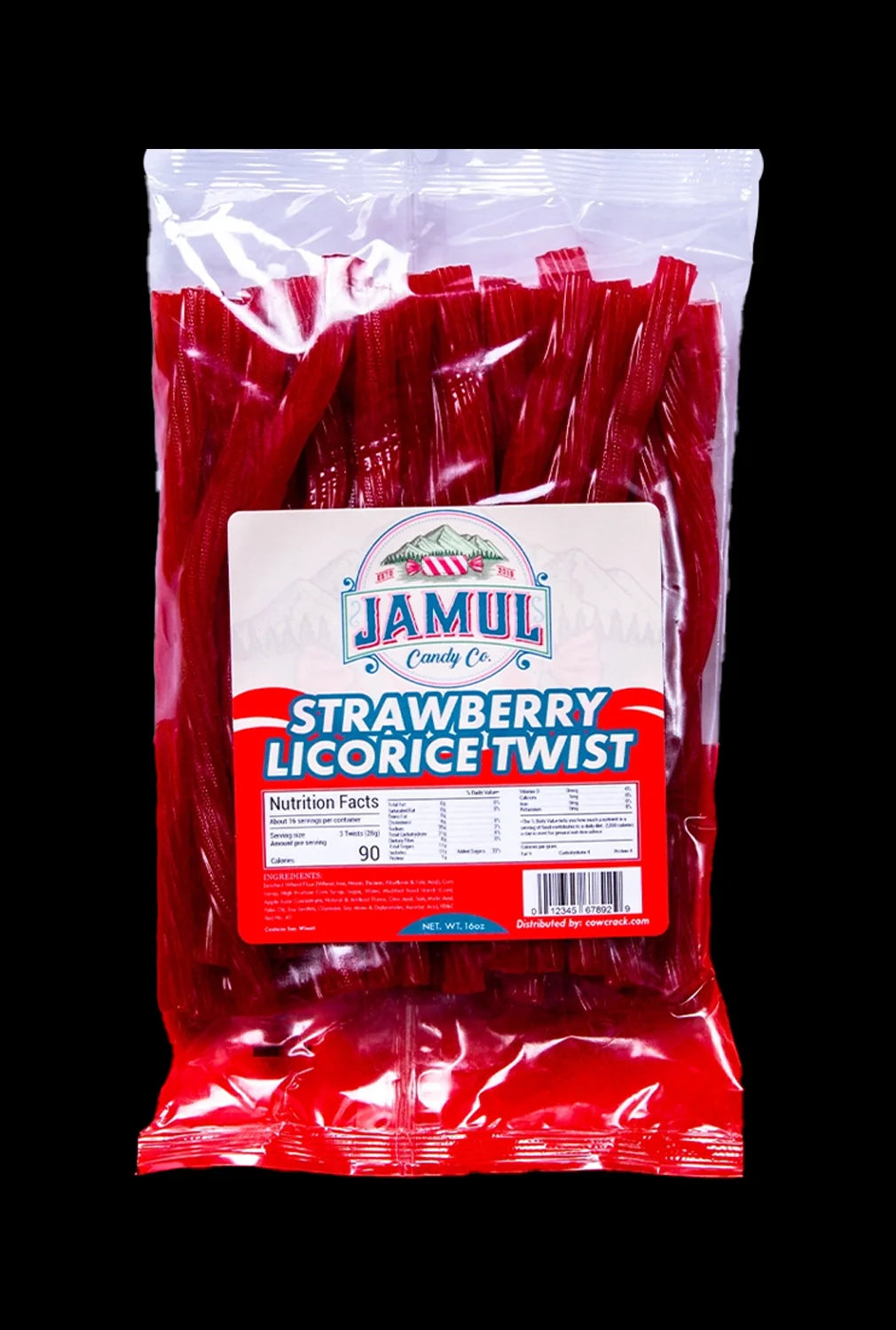 Front view of the 16 oz. Jamul Candy Co. Strawberry Licorice, packaged with a colorful label and clear plastic wrapping.