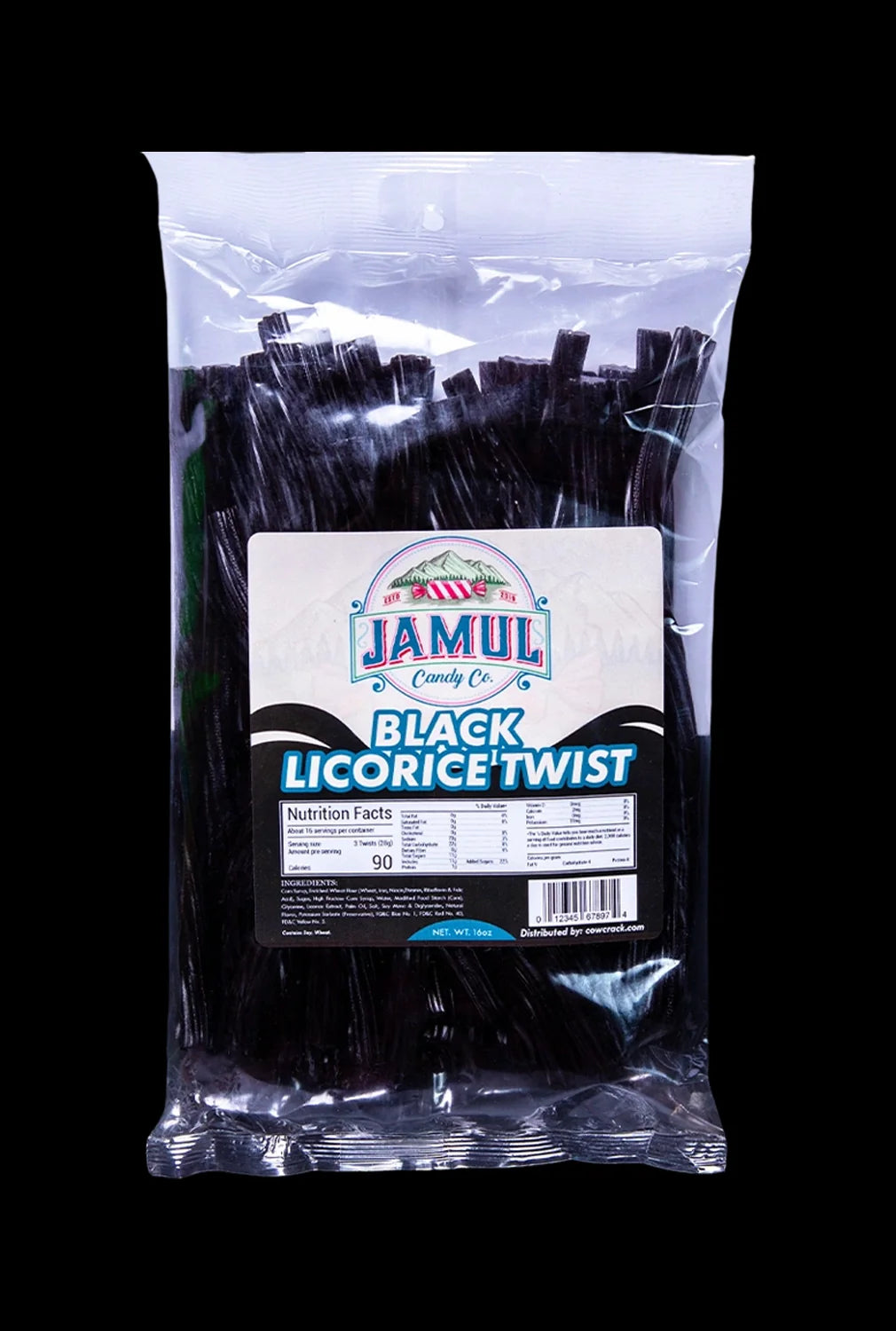Front view of the 16oz Jamul Candy Co. Black Licorice packaging, displaying the product name and nutritional information against a dark background.