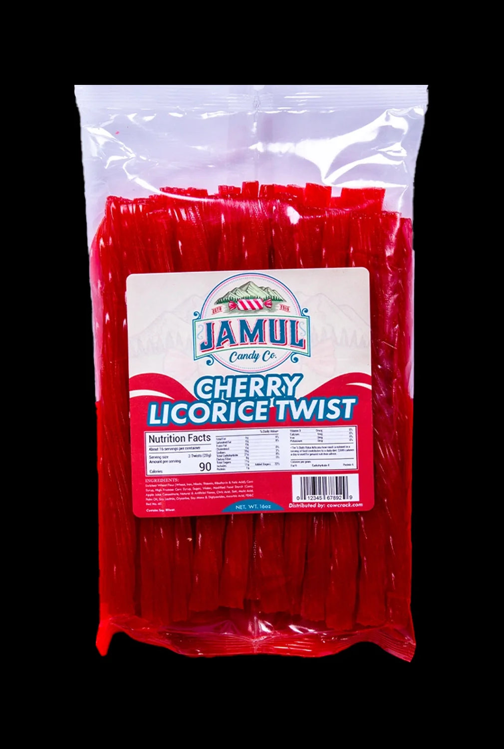 Front view of a 16 oz. package of Jamul Candy Co. Cherry Licorice, featuring a red label with white lettering and nutritional information.