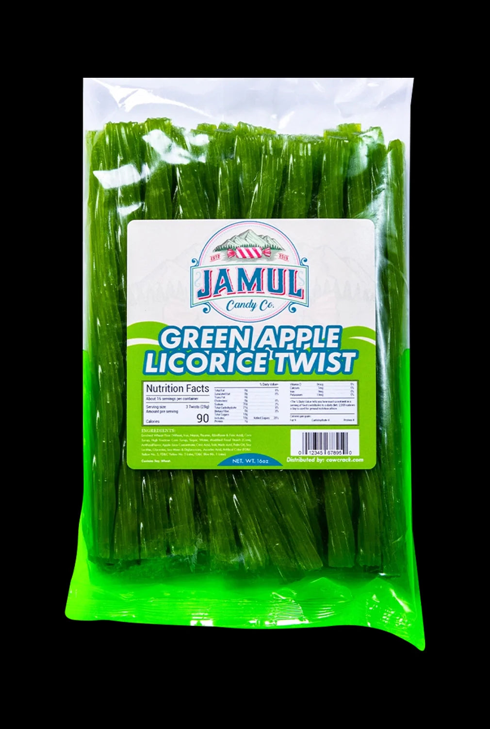 Front view of the 16oz Jamul Candy Co. Green Apple Licorice packaging with vibrant graphics and nutritional information visible.