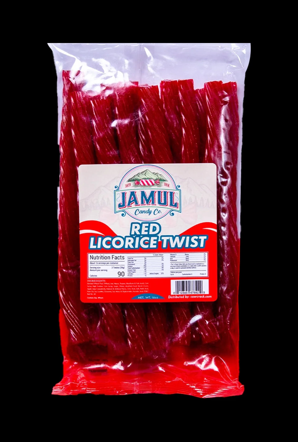 A front view of the 16 oz. Jamul Candy Co. Red Licorice Twist, showcasing a tightly bundled stack of the bright red candies.