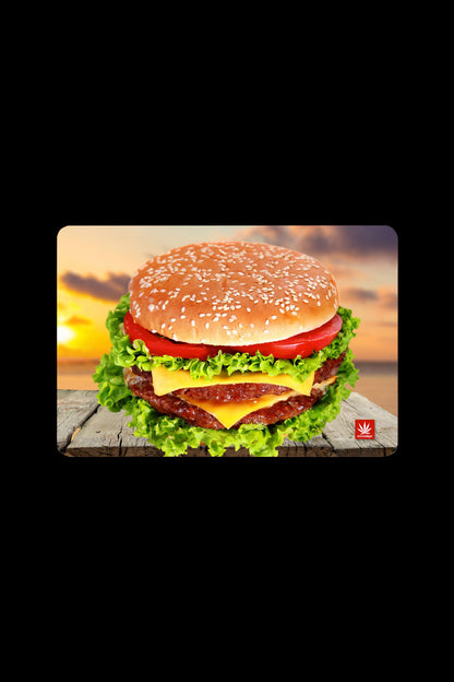 A vibrant, oversized burger advertisement with a cannabis leaf logo in the corner.