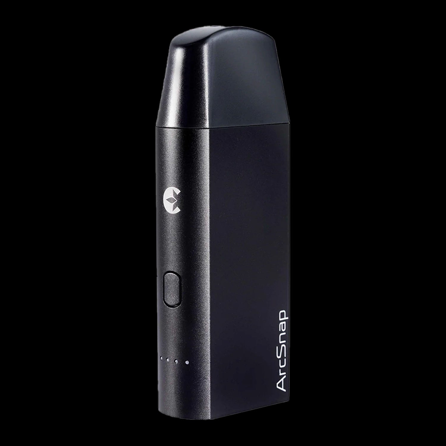 Close-up front view of the black Cipher ArcSnap Electric Dugout against a black background, showing its rounded mouthpiece, side button, and white logo.