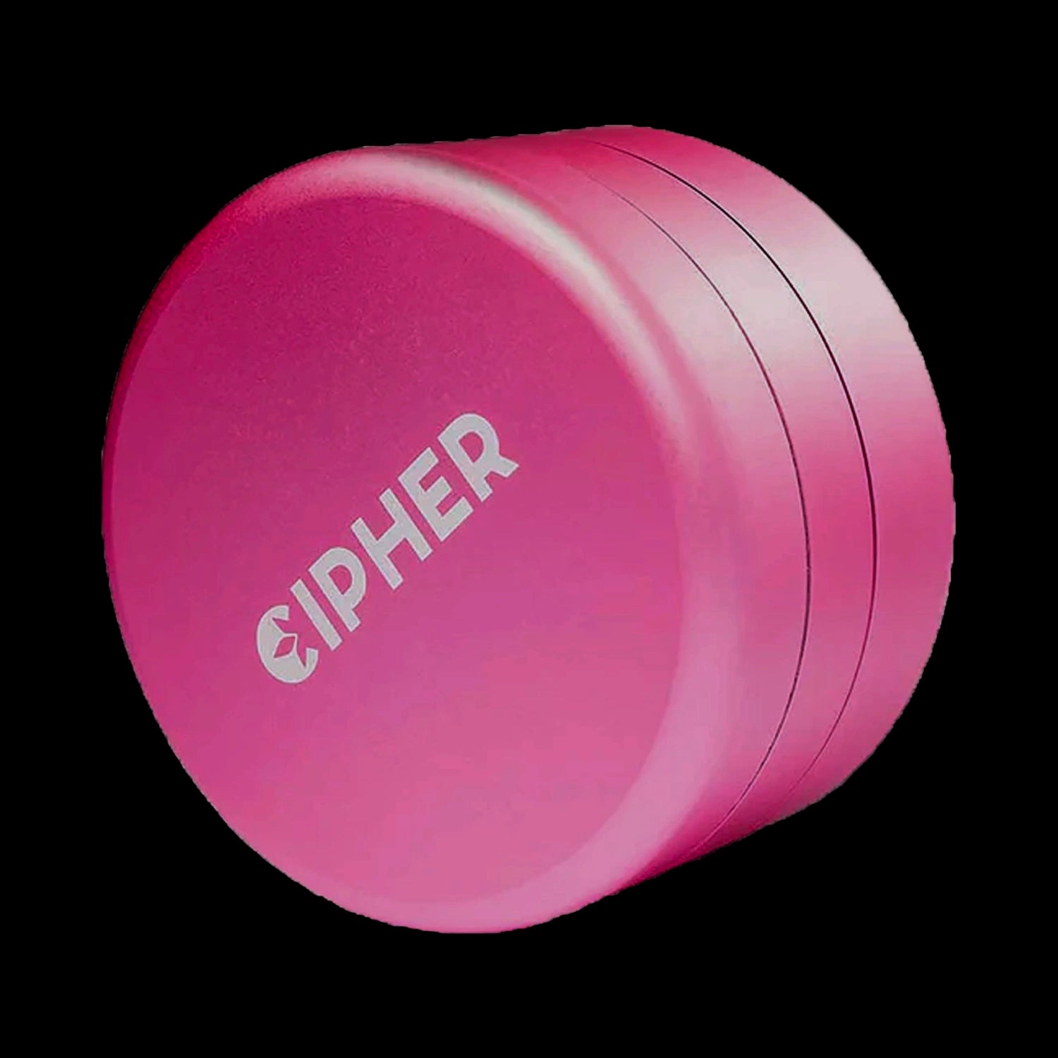 Angled close-up of the rose gold Cipher Ultra 3-piece Herb Grinder showing its stacked disk profile and embossed logo against a black background