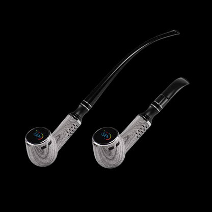 Angled top-down view of two Cipher Nautilus V3 Dry Herb Vaporizer | Birch Wood pipes with curved black stems on a black background.