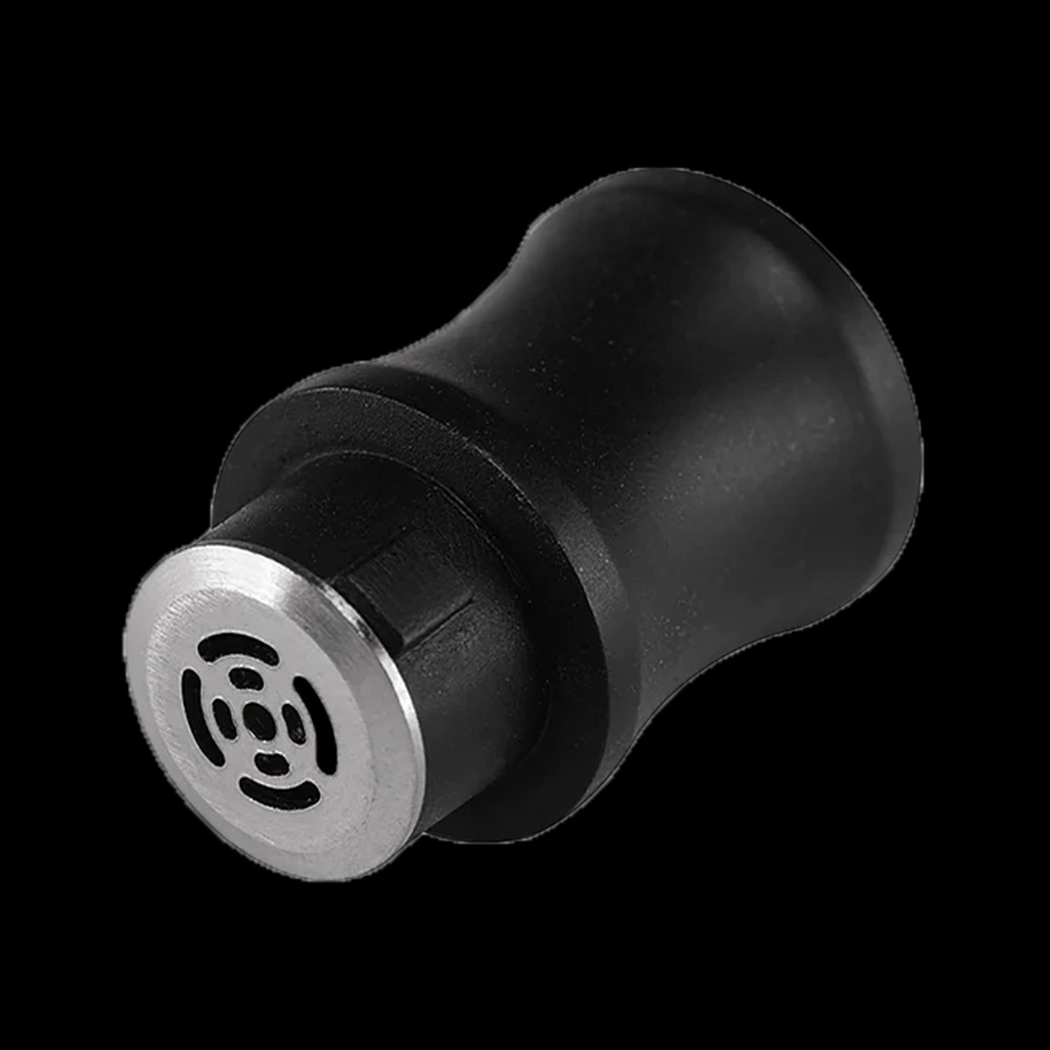 Close-up angled view of the black Cipher Nautilus V3 Replacement Churchwarden Stem Adapter showing its rounded matte body and silver perforated end against a black background
