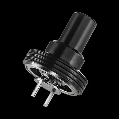 Angled close-up of the Carbon Black Cipher NOVA Replacement Mouthpiece - V2 showing the textured threaded base, cylindrical mouthpiece, and metal pins against a black background