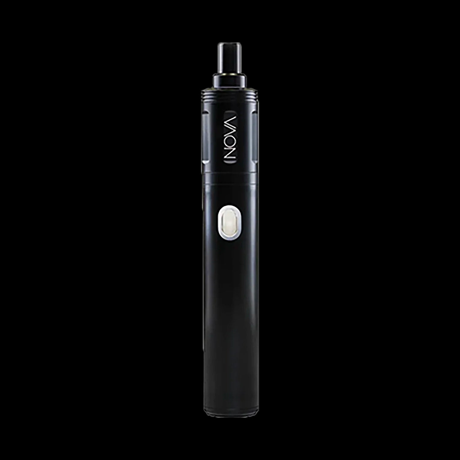 Centered vertical close-up of the Cipher NOVA | Carbon Black - V2 pen-style vaporizer on a black background, showing the mouthpiece, NOVA logo, and oval power button.