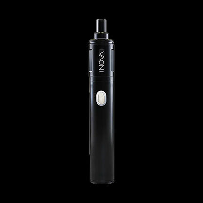 Centered vertical close-up of the Cipher NOVA | Carbon Black - V2 pen-style vaporizer on a black background, showing the mouthpiece, NOVA logo, and oval power button.