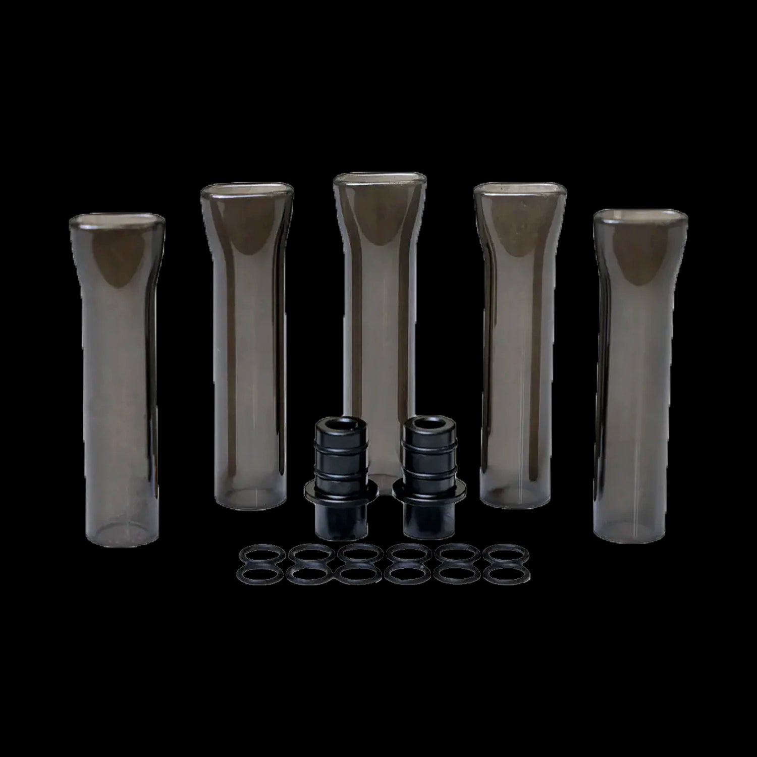 Front-facing arrangement of five smoky glass tubes with two black connectors and a row of rubber rings beneath, Cipher NOVA Borosilicate Glass Mouthpiece Kit