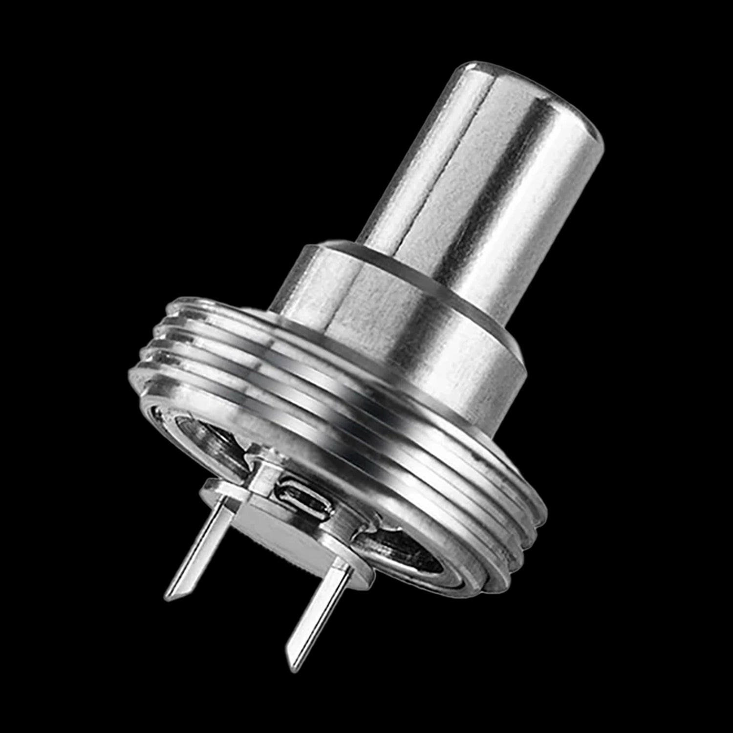 Close-up angled view of the stainless steel Cipher NOVA Replacement Mouthpiece - V2 showing its cylindrical top, threaded base, and two metal prongs against a black background